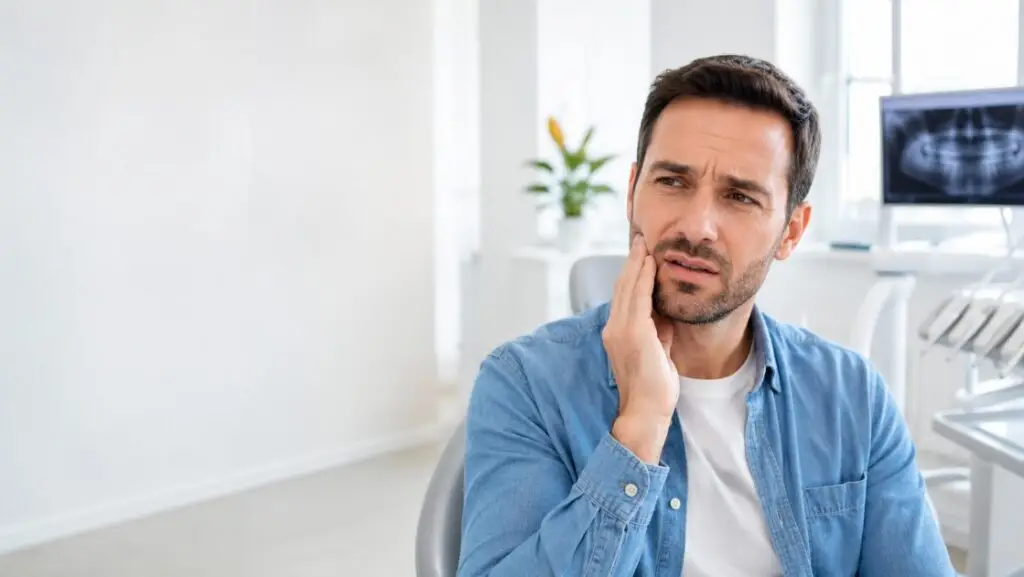 Persona con dolor por flemón dental antes de acudir al dentista.
